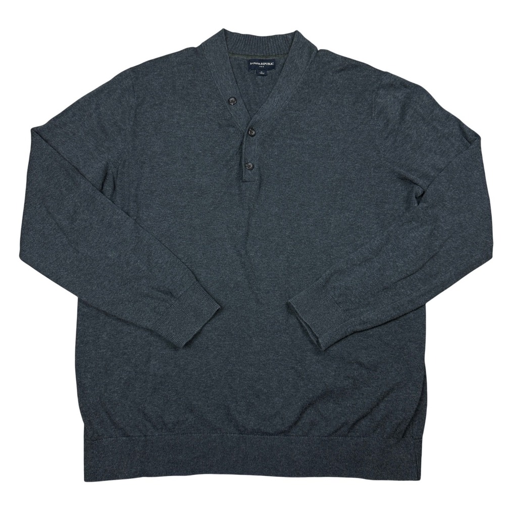Banana Republic Mens XL Charcoal Gray Cotton Shawl Collar Henley Sweater Knit